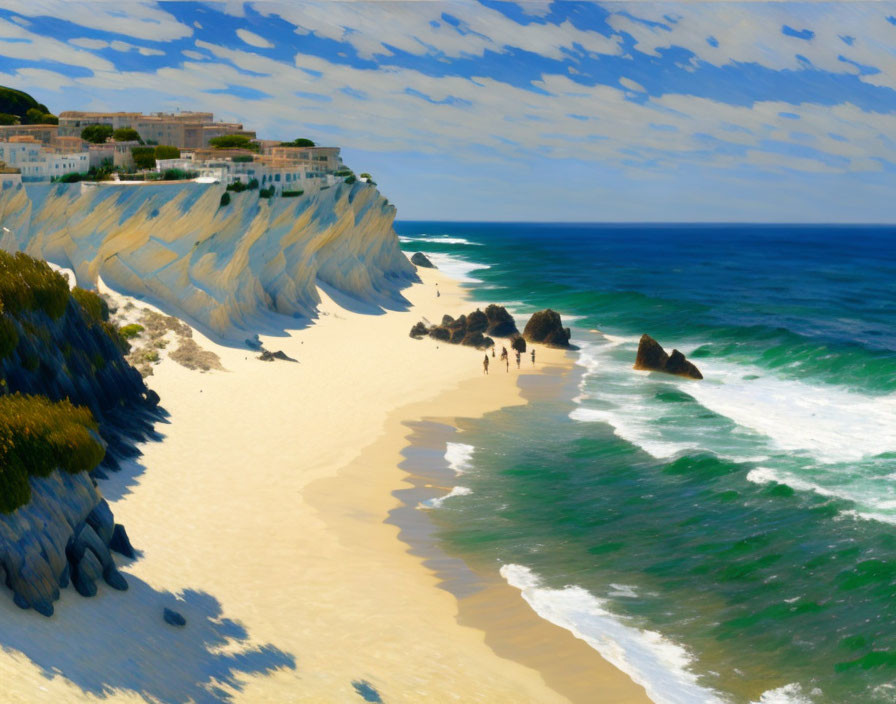 Golden sand beach with cliffs, turquoise waves, and people walking under blue sky