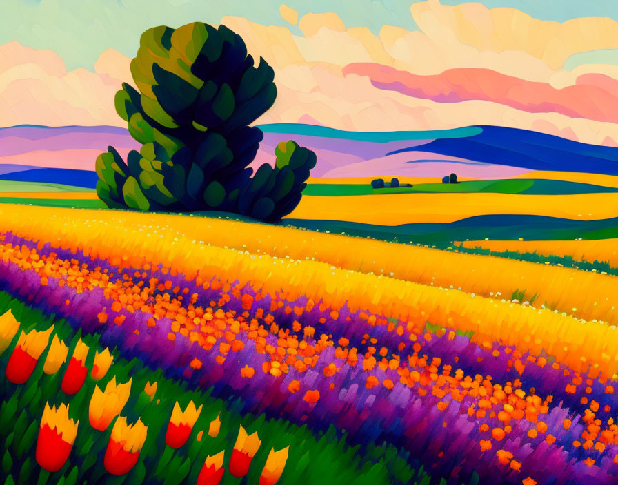 Colorful Landscape Painting with Tree, Flowers, and Hills