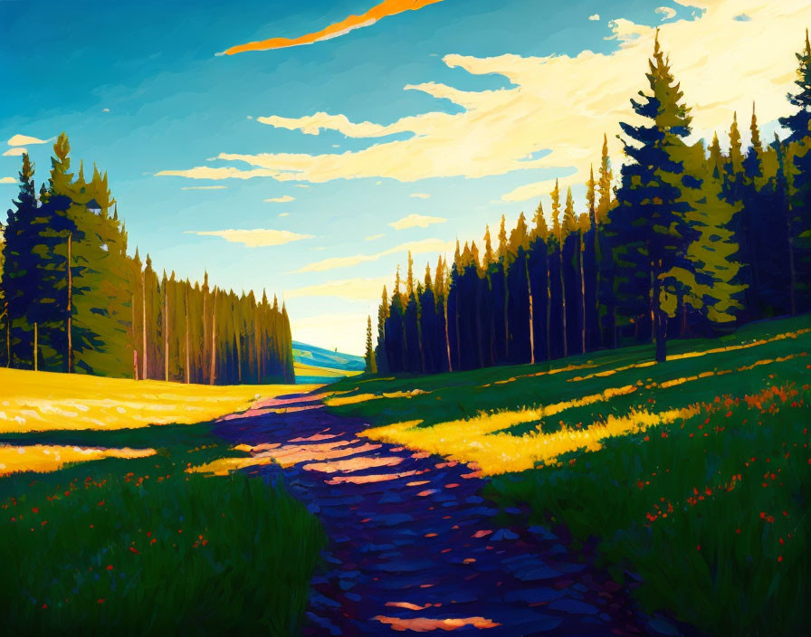 Colorful Sunlit Path Painting Through Meadow to Forest Under Blue Sky