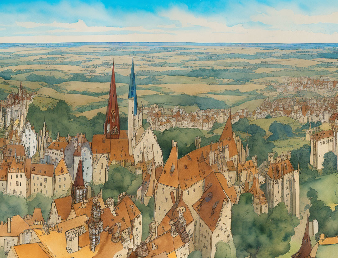 Medieval town watercolor panorama with pointed rooftops