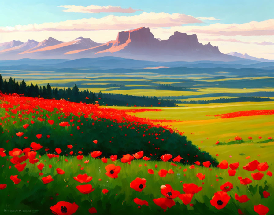 Colorful landscape with red poppies, green hills, and mountains under clear sky