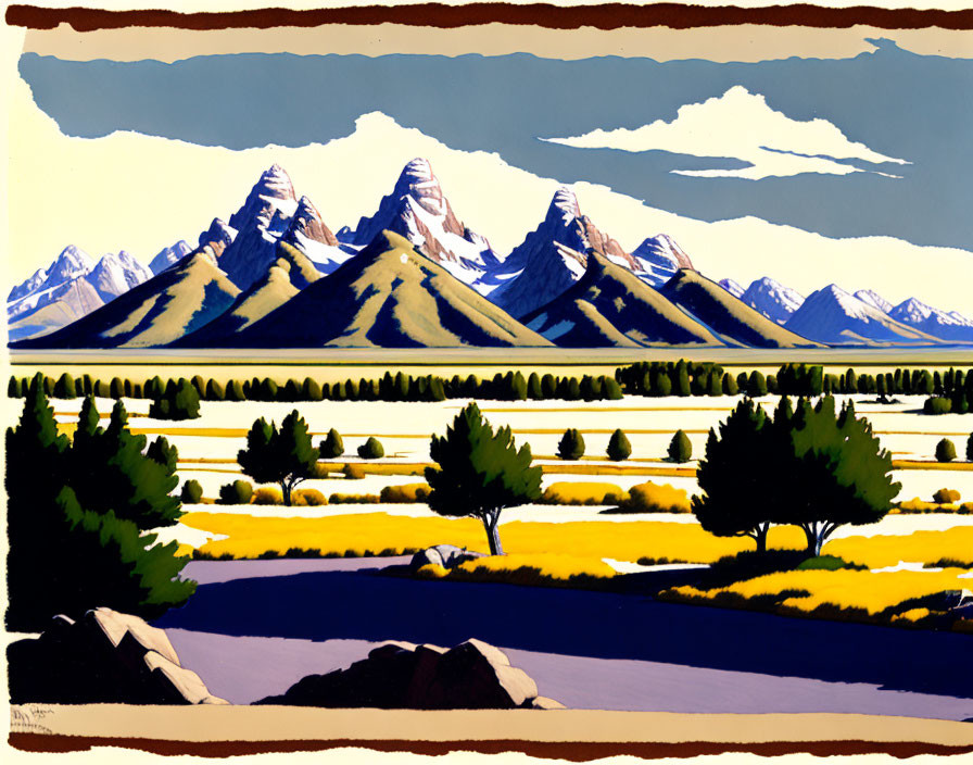 Mountain Range Illustration with Triangular Peaks, Forest, River, and Blue Sky