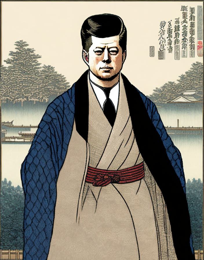 Stylized portrait of man in Japanese attire with vintage woodblock print vibe