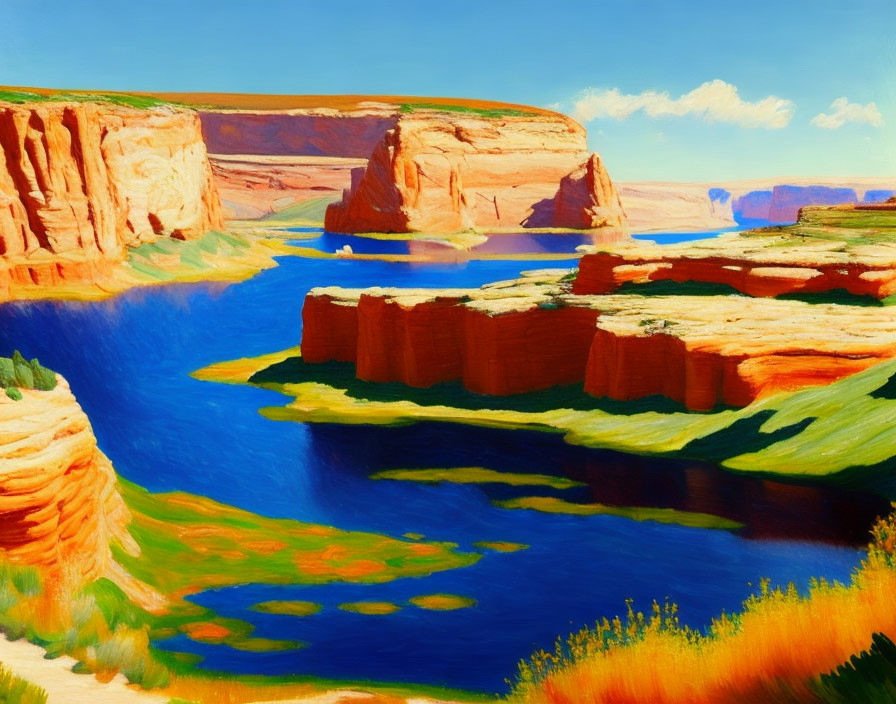 Vibrant canyon landscape with blue river and red-orange cliffs