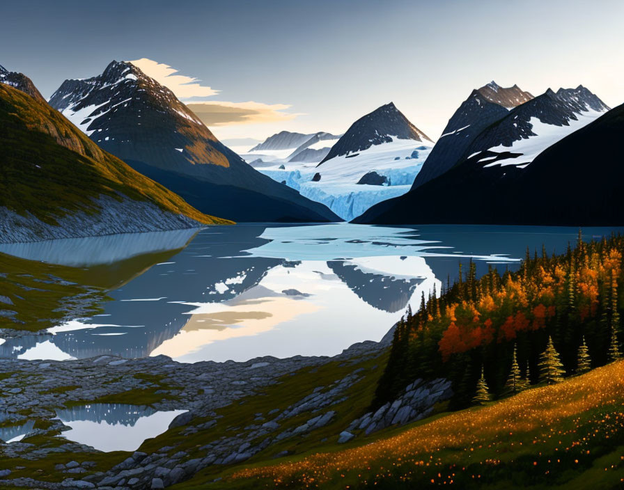 Tranquil lake with snow-capped mountains and autumn trees