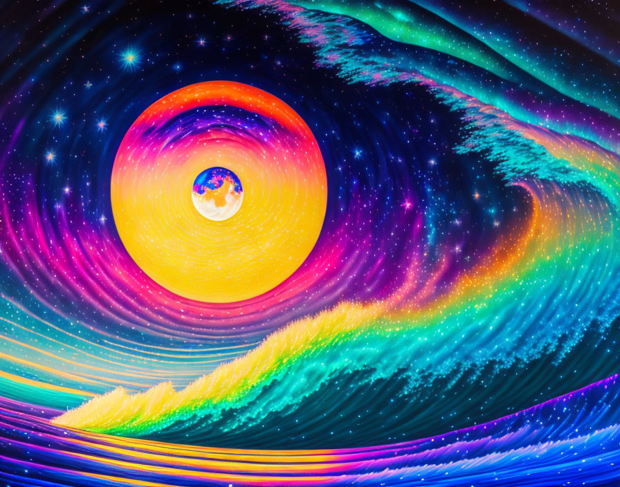 Colorful Digital Artwork: Earth Surrounded by Cosmic Waves and Bright Sun