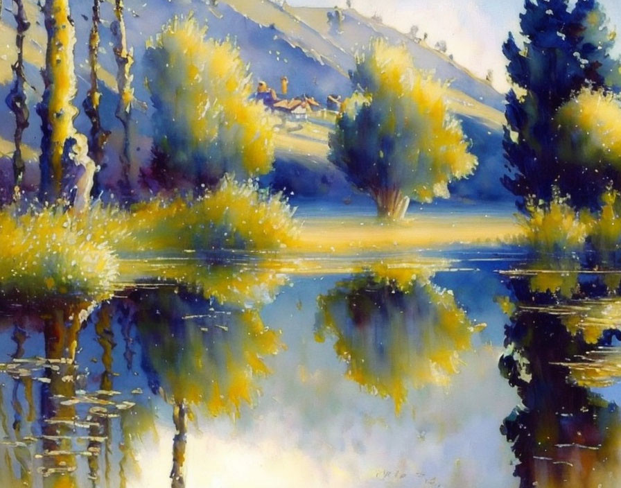 Tranquil landscape painting: lush trees, reflective lake, soft sky