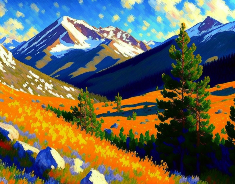 Colorful Mountain Landscape with Yellow Flowers and Snow-Capped Peaks