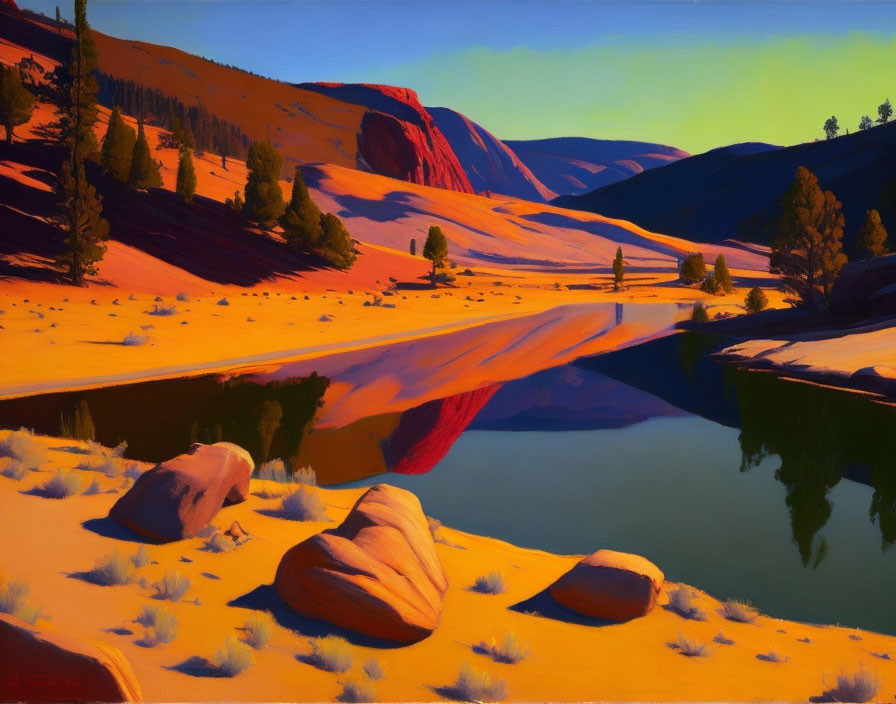 Scenic landscape painting: river, golden hills, rocks, blue sky