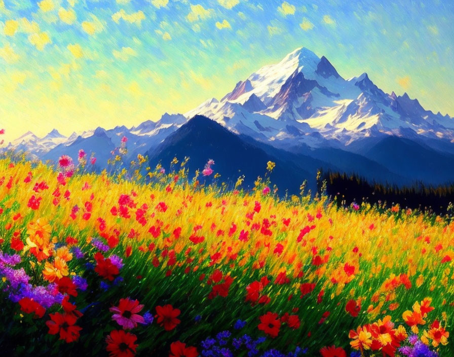 Colorful wildflower meadow painting with snow-capped mountains under blue sky