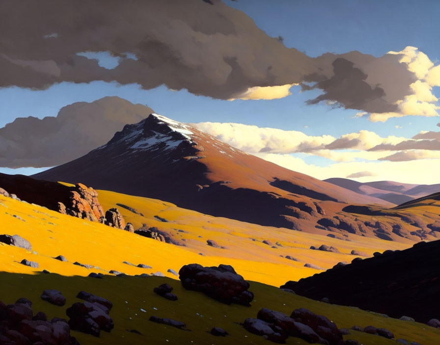 Sunlit golden field with rocky path to shadowy mountain under dramatic sky