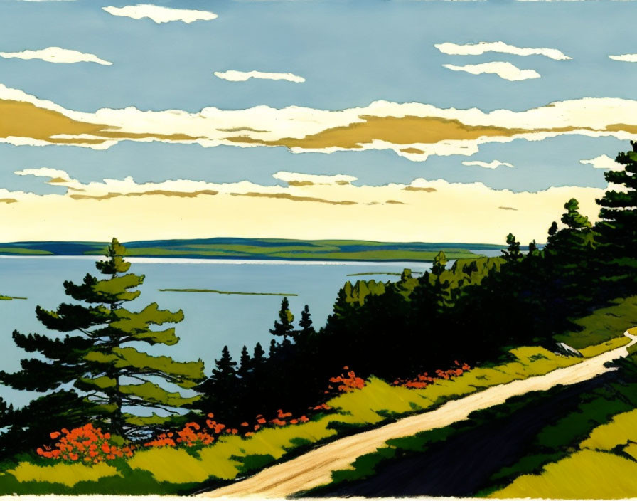 Scenic coastal landscape with dirt road, pines, and blue sky