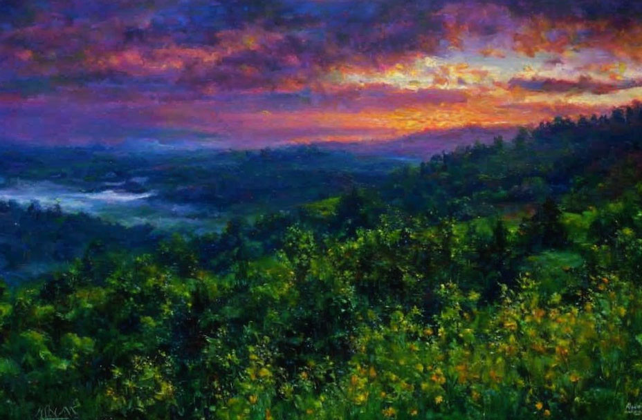 Colorful Sunset Landscape Painting with Purple, Orange, and Yellow Hues