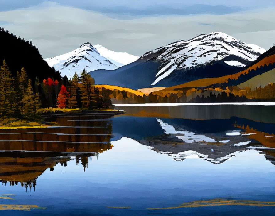 Tranquil Mountain Lake with Autumn Trees and Snowy Peaks