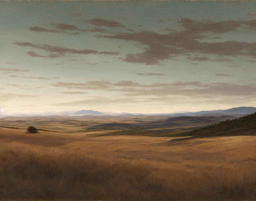 Tranquil landscape with rolling golden hills under vast sky