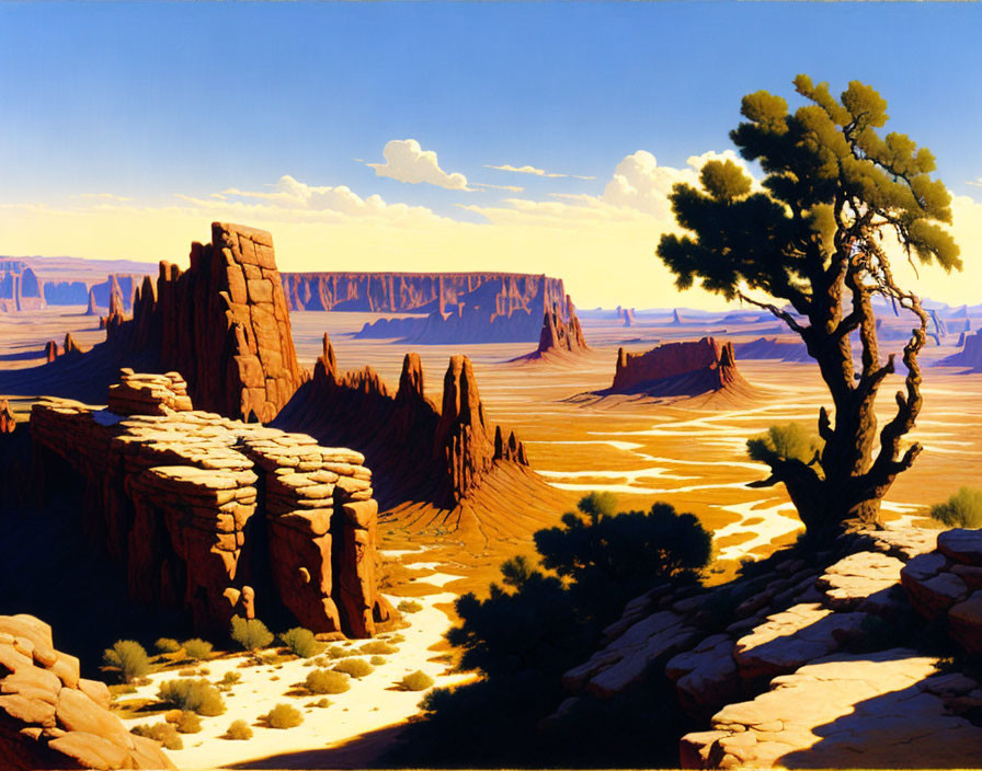 Desert landscape painting with rock formations, lone tree, and blue skies