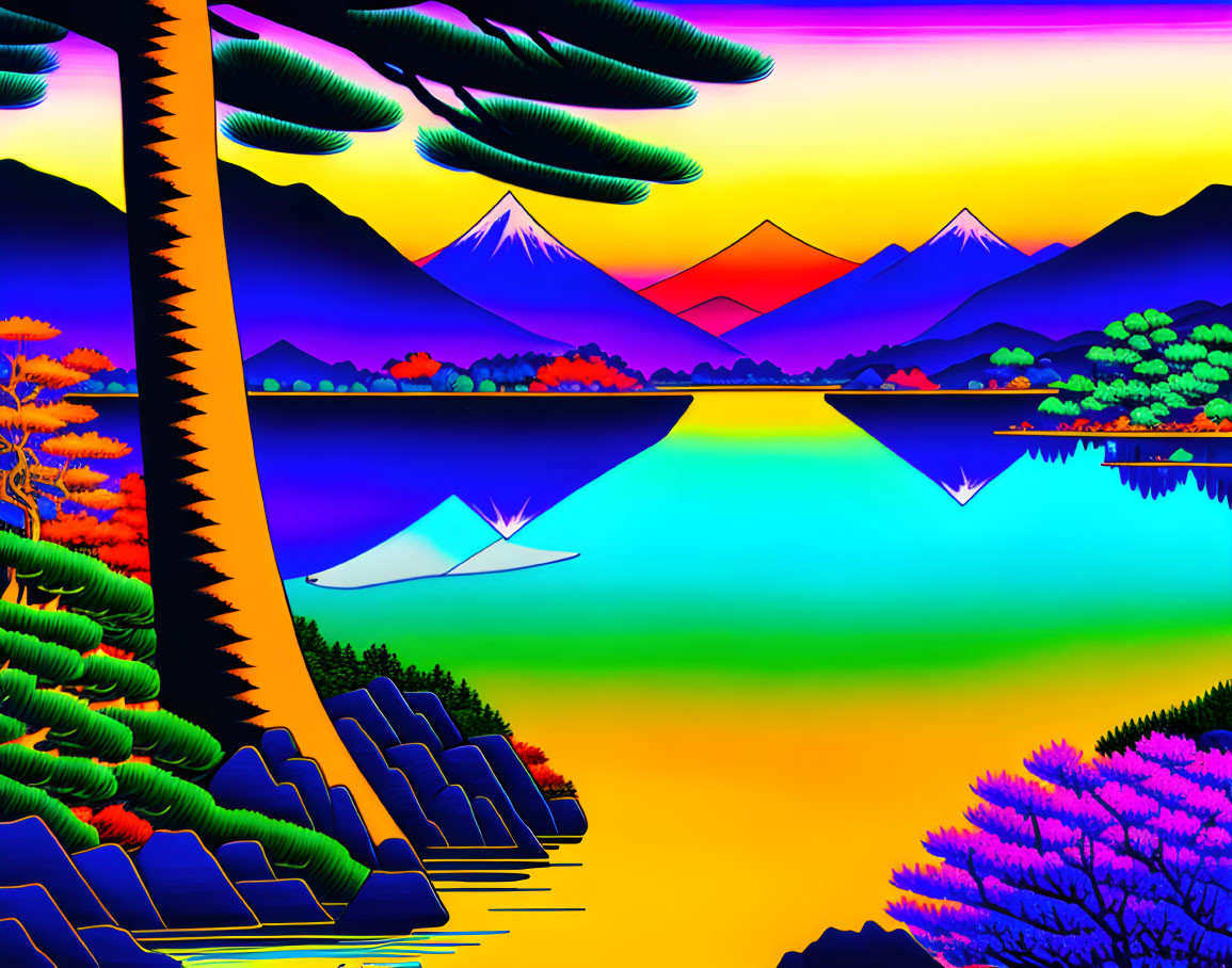 Colorful Psychedelic Mountain Landscape Illustration