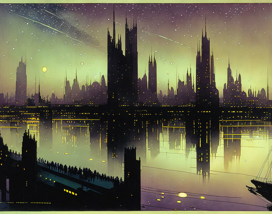 Stylized cityscape at night with futuristic skyscrapers, bridge, stars, and comets