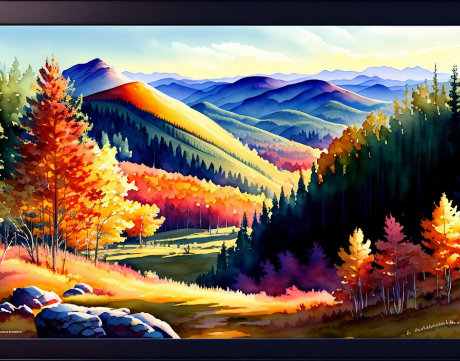 Colorful Autumn Landscape with Rolling Hills and Mountain Backdrop