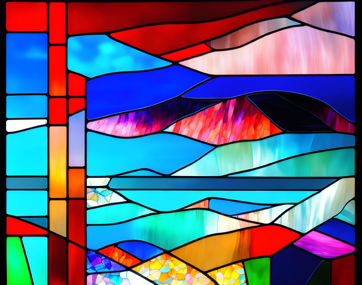 Colorful Abstract Stained Glass Window with Wavy Forms