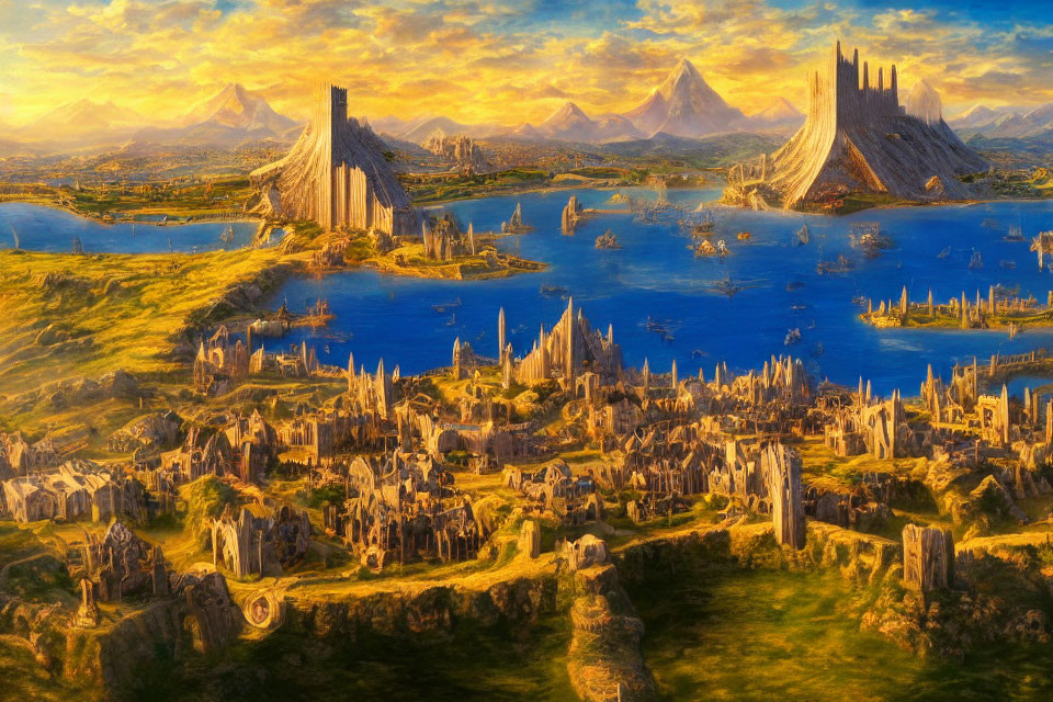 Fantastical landscape with illuminated city, spired structures, mountains, and golden sunset light.