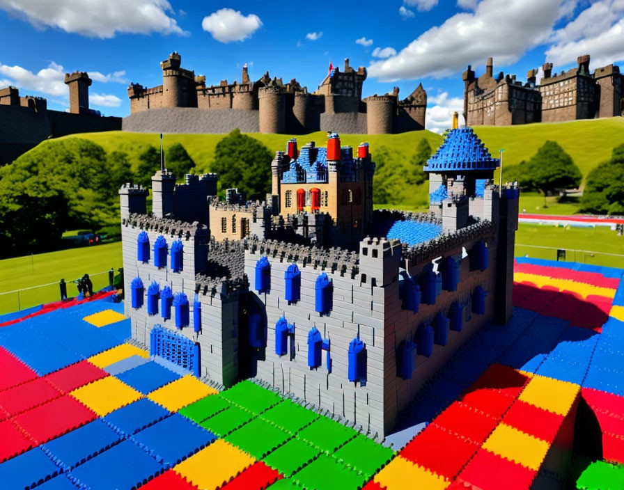 Colorful Lego Castle Replica with Blue Roofs Next to Real Castle