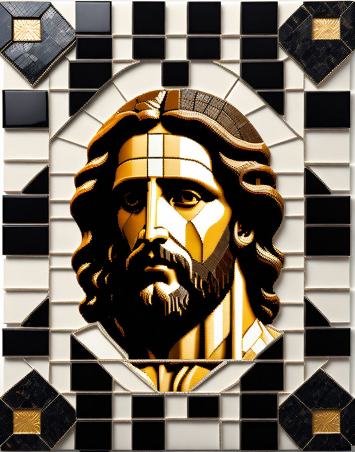Modern mosaic artwork: Jesus Christ portrait in black and gold tile border