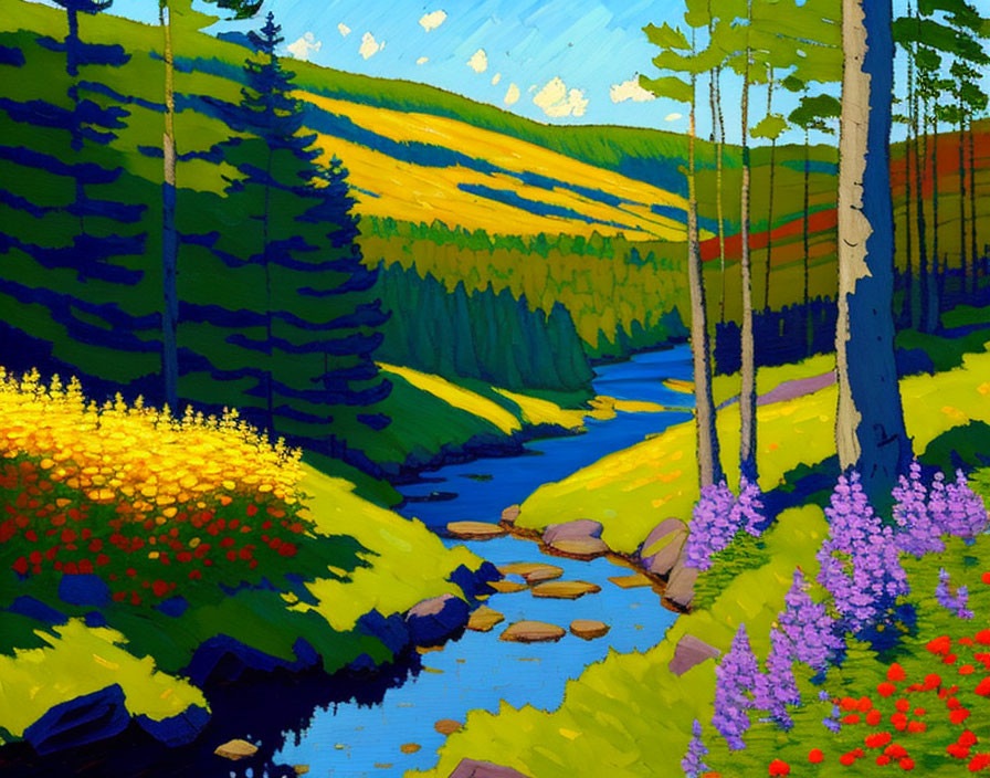 Colorful River Painting in Forest Landscape