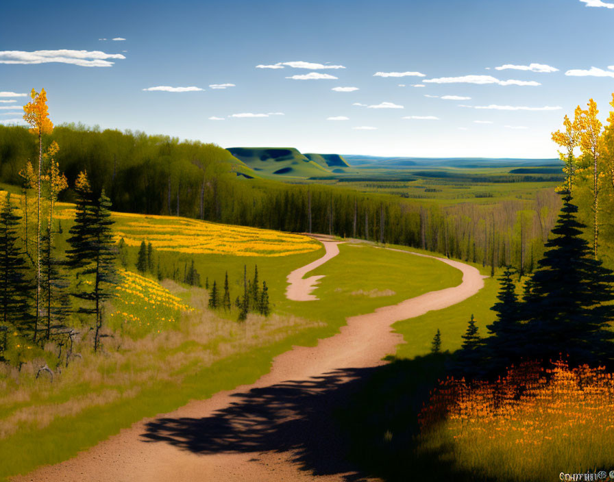 Scenic dirt road through lush landscape with trees, wildflowers, and hills