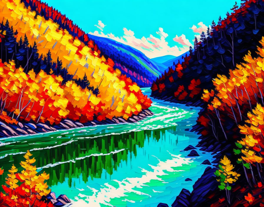 Scenic river flowing through autumnal forest with colorful trees.