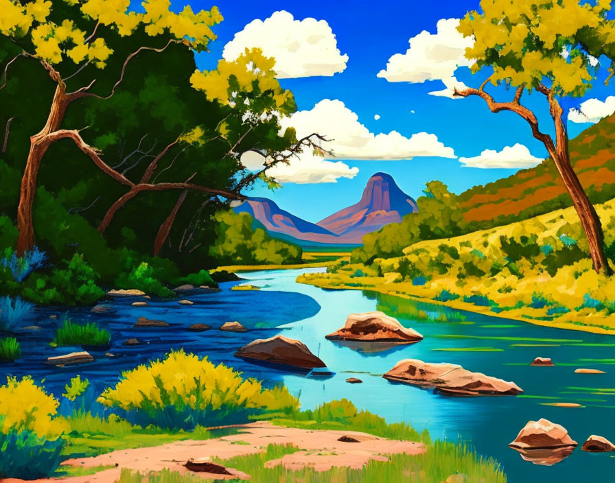 Digital painting of river landscape with trees, rocks, and mountain under blue sky