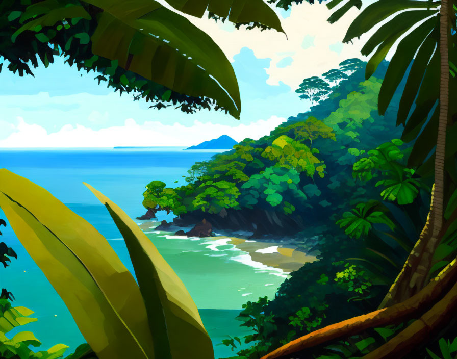 Tropical coastal landscape with lush greenery and beach