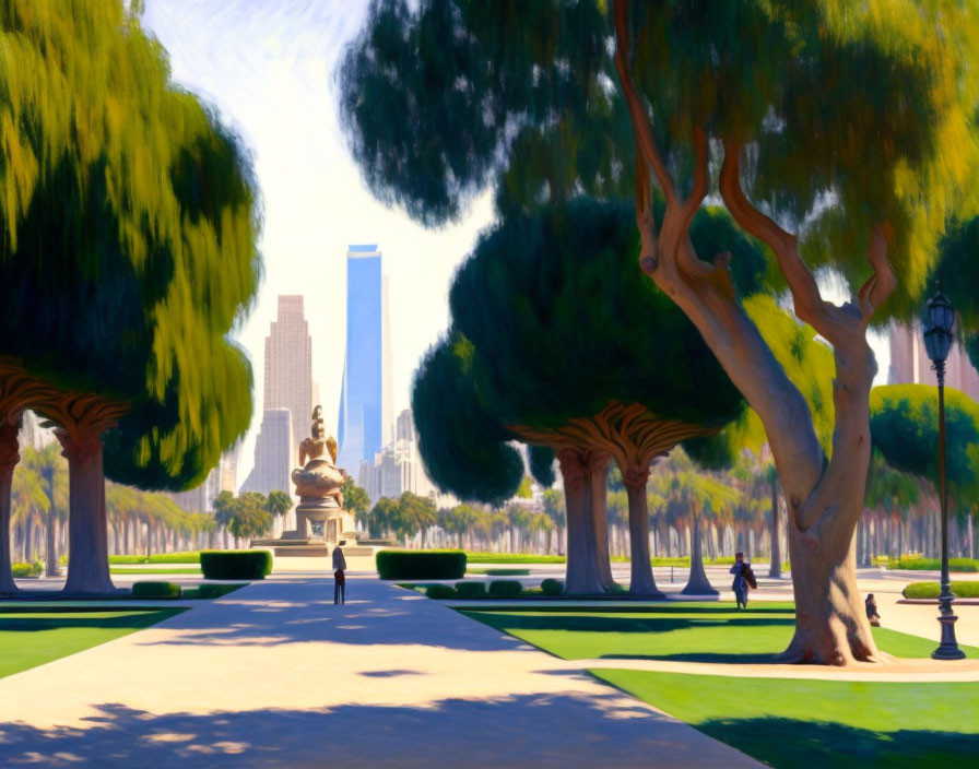 Vibrant digital artwork: Urban park with tree-lined paths, distant statue, skyscrapers,