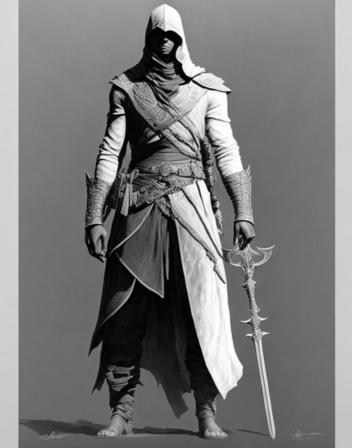 Monochromatic image of person in hooded assassin-style costume with intricate armor details holding staff-like weapon