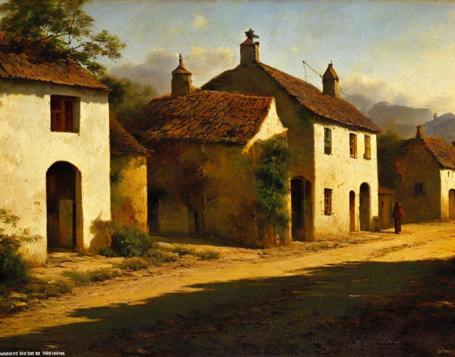 Rustic village with white stucco houses and figure in red under warm light