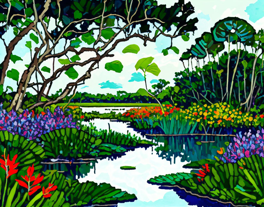 Colorful painting of a serene waterway with blooming flora and water lilies.