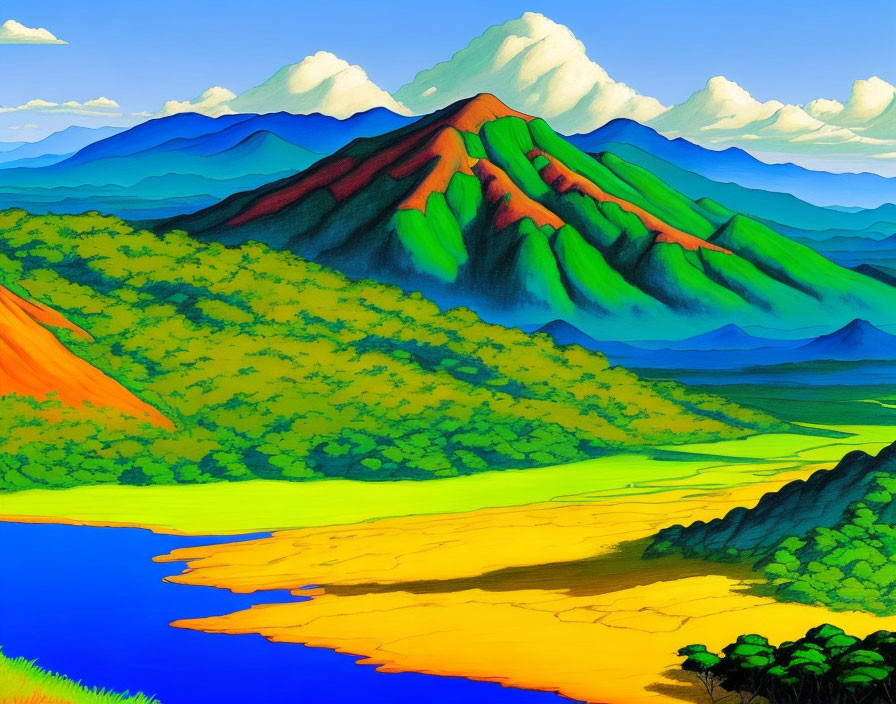 Colorful Mountain Landscape with Blue Sky and Yellow Shoreline