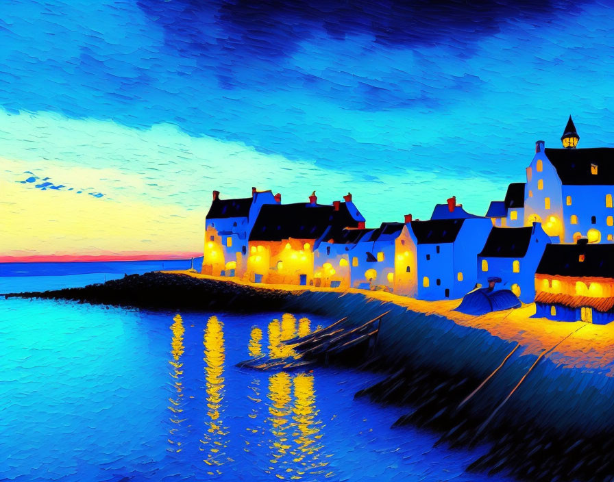 Scenic coastal village at dusk with warm lights reflected on water