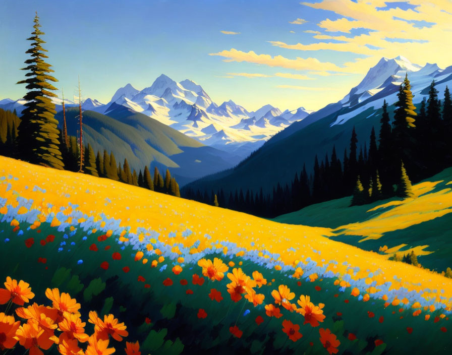 Colorful meadow painting with flowers, trees, and mountains on blue sky.