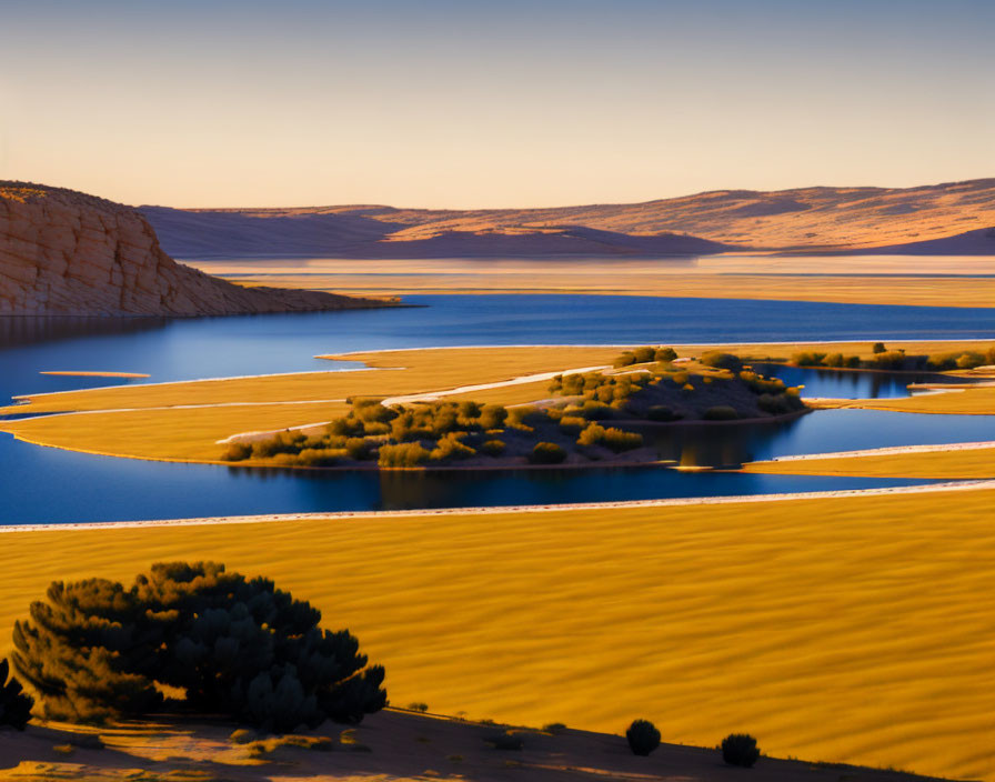 Tranquil lake at sunset with desert hills and islands