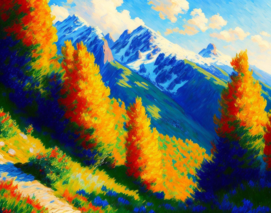 Colorful impressionist painting of autumn trees and snowy mountains