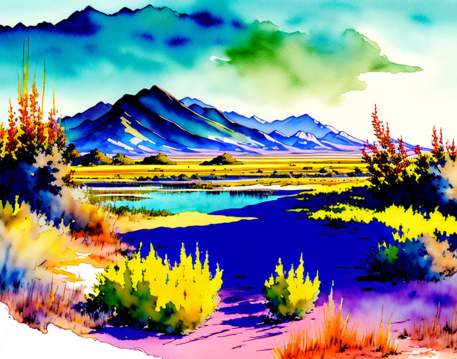 Colorful Watercolor Landscape: Blue Lake, Foliage, Mountains