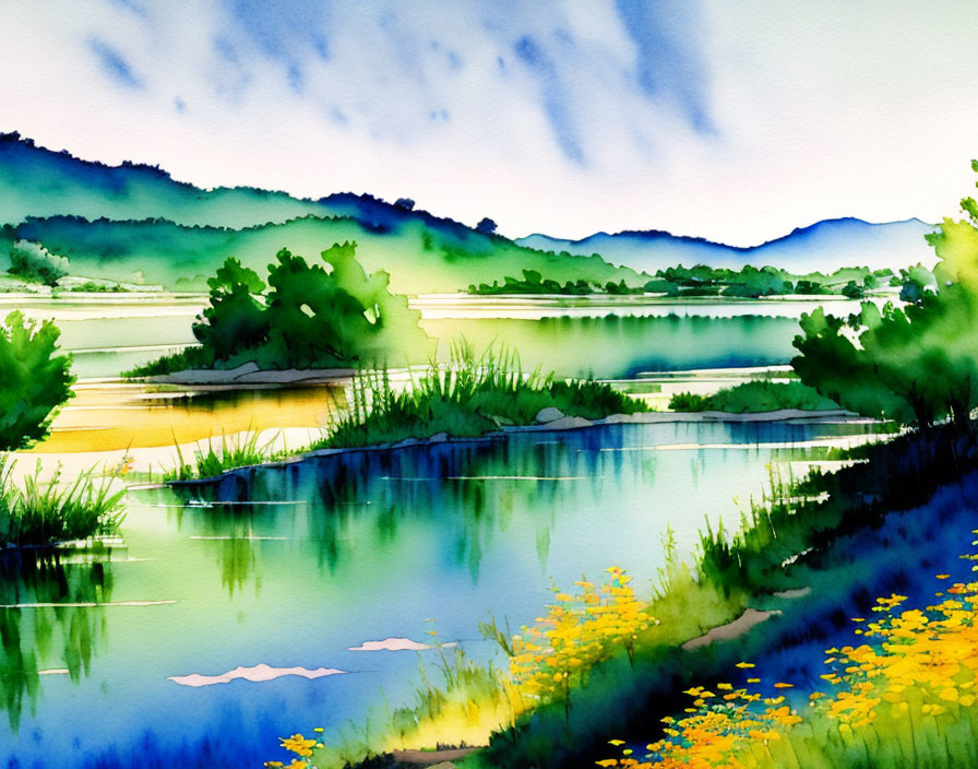 Scenic watercolor landscape of serene river and lush greenery