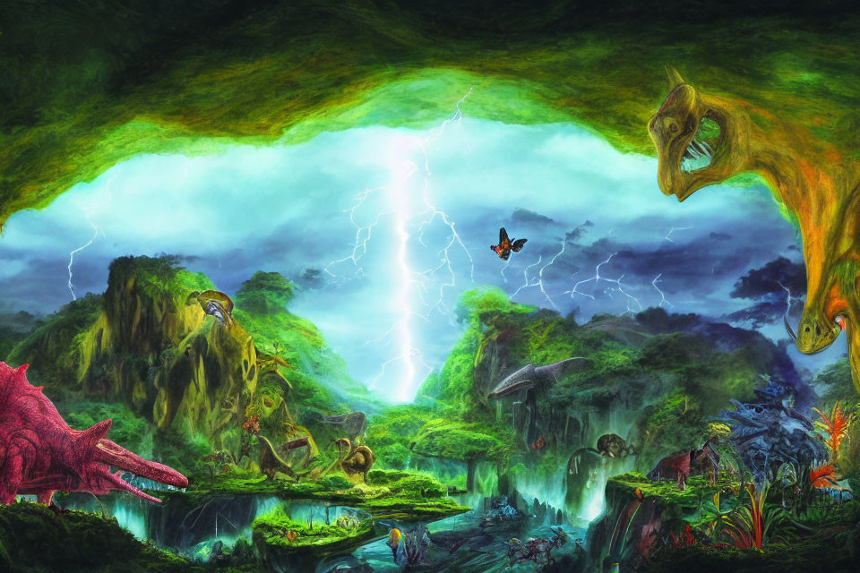 Prehistoric landscape with dinosaurs, lush vegetation, dramatic sky, lightning, and waterfall