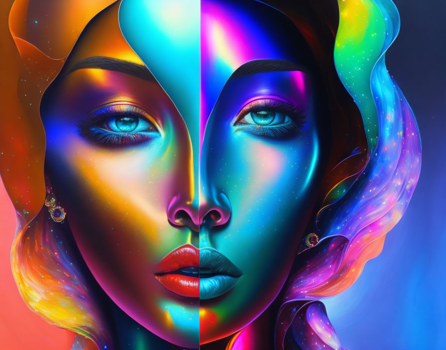 Colorful digital artwork: Woman's face split in two with cosmic and neon elements blending surreal and realistic