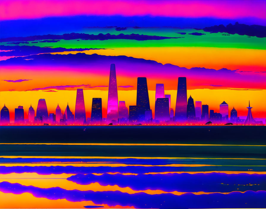 Colorful City Skyline Against Multicolored Sky and Water Reflections