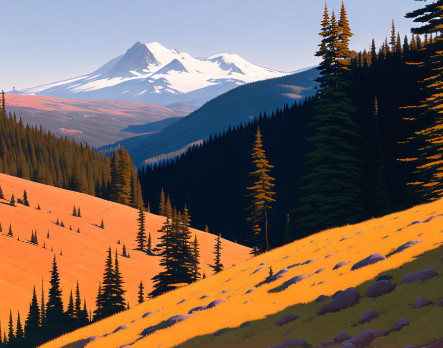 Serene mountain backdrop with vibrant orange hills and dark evergreen trees