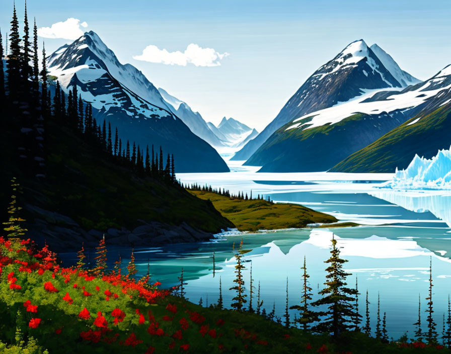 Snow-capped mountains reflected in clear lake amidst lush greenery and red flowers