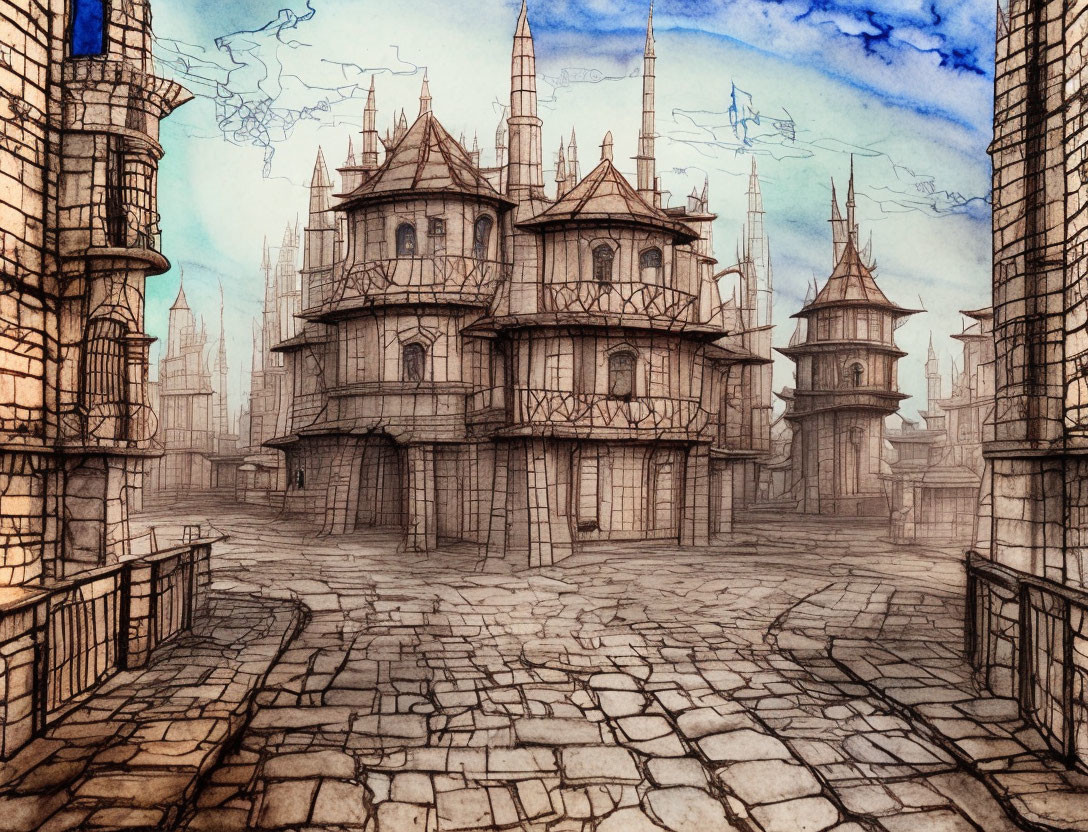 Fantasy medieval town with cobblestone streets and wooden multi-story buildings