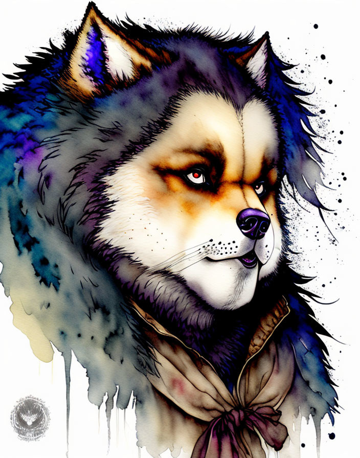 Colorful Watercolor Wolf Illustration in Purple and Blue with Ink Accents